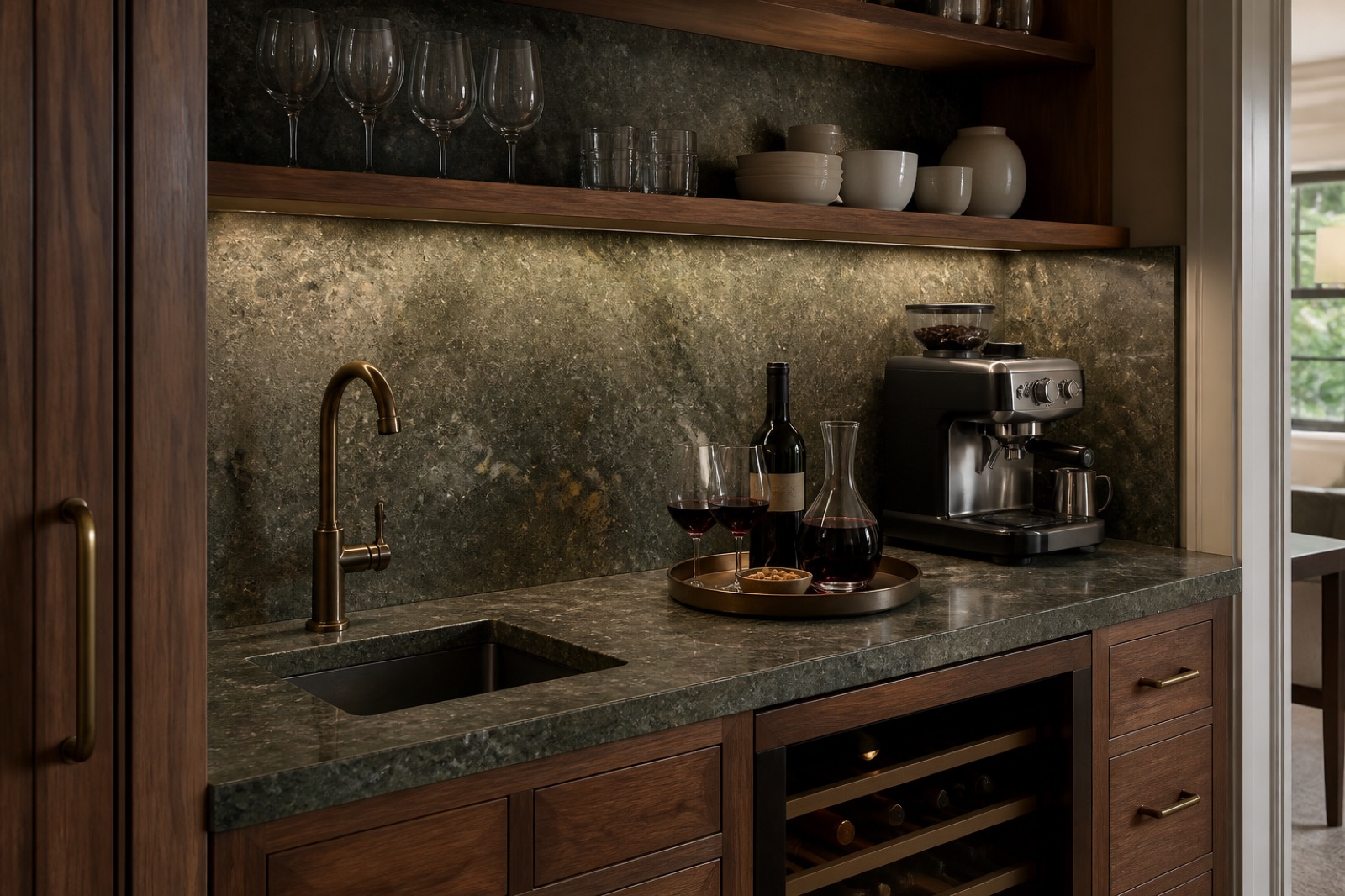 Beverage bar with a green stone countertop and full-height backsplash, walnut cabinetry, brass faucet, and an integrated wine refrigerator