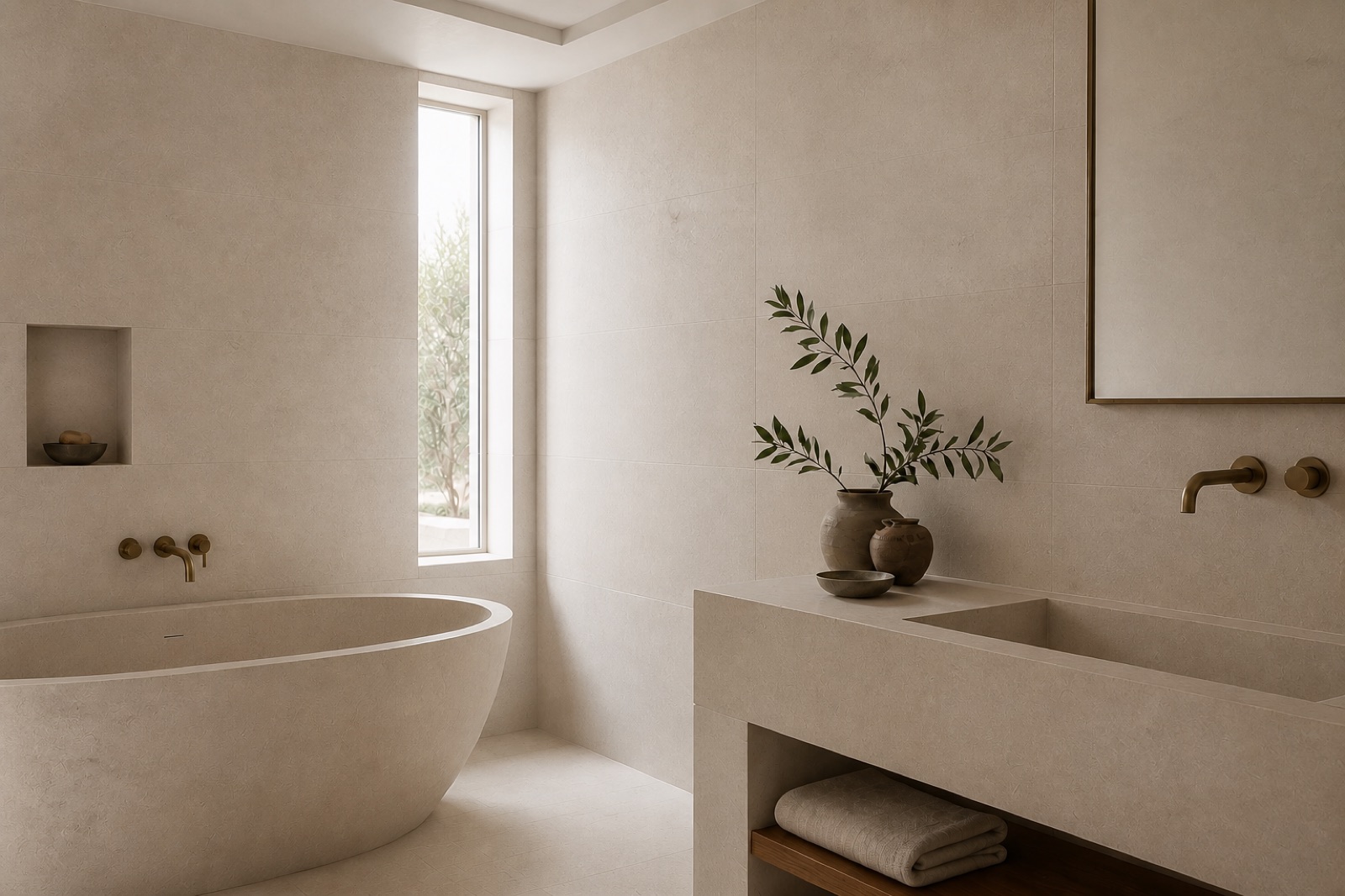 Warm-neutral limestone bathroom with a freestanding tub, monolithic stone vanity, and aged brass wall-mounted fittings