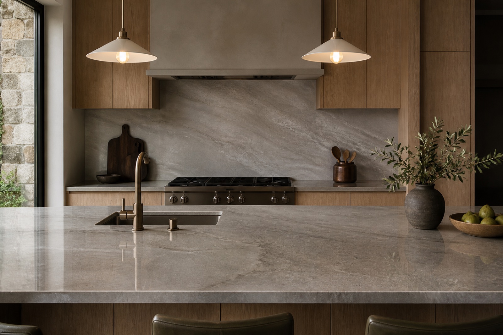 Kitchen with a polished gray marble island and matching full-height backsplash behind the range, with white oak cabinetry