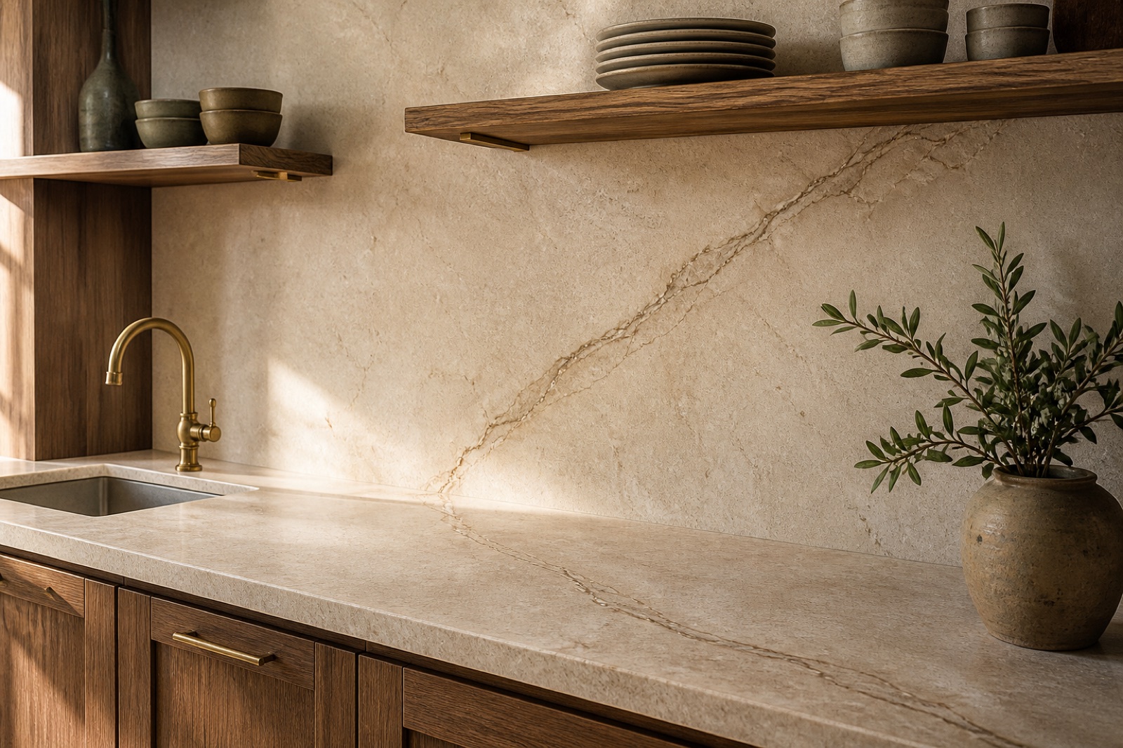 Full-height natural stone backsplash above a matching stone countertop, with walnut open shelving and an unlacquered brass faucet