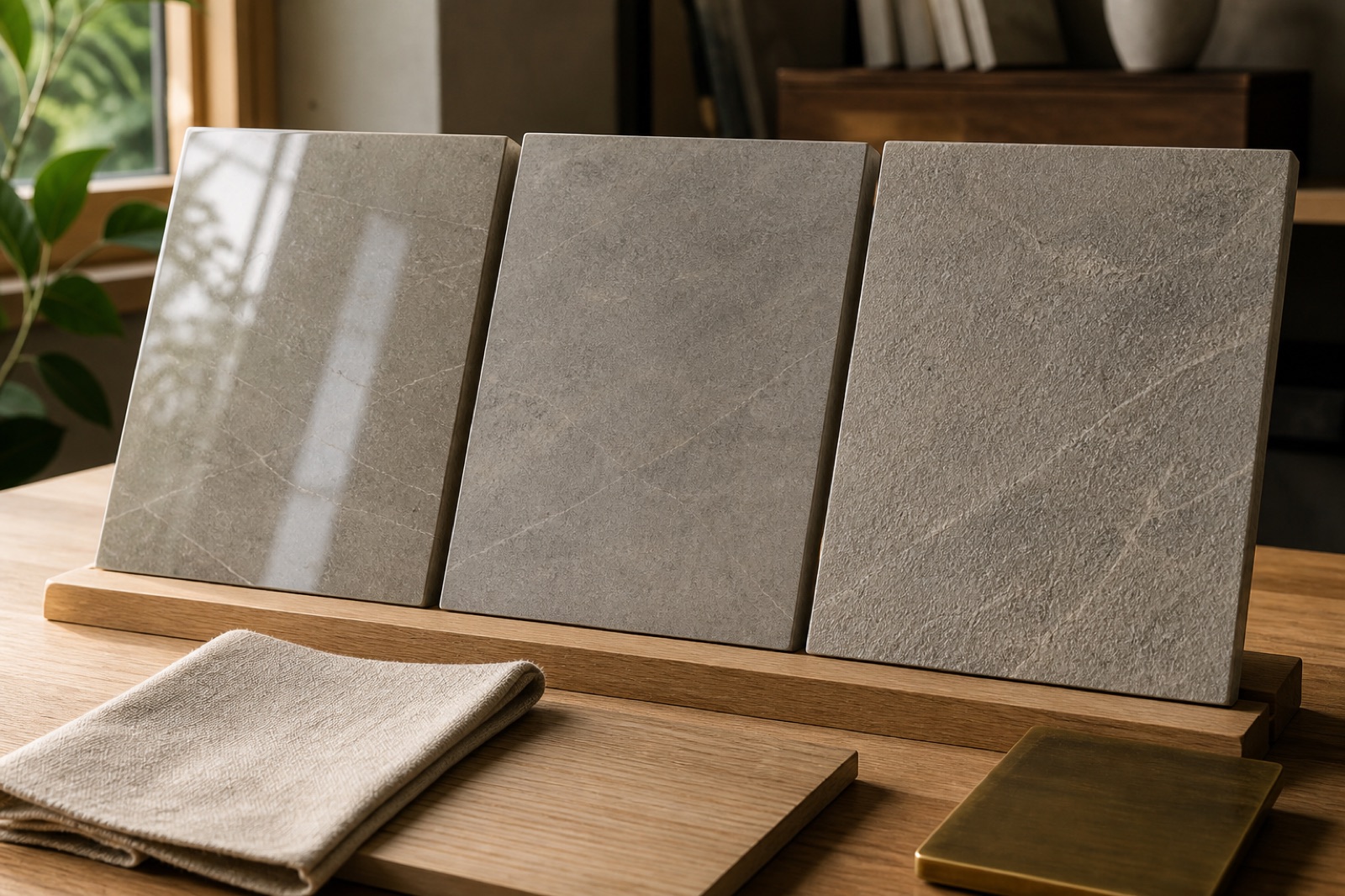 Three samples of the same gray stone shown side by side in polished, honed, and leathered finishes