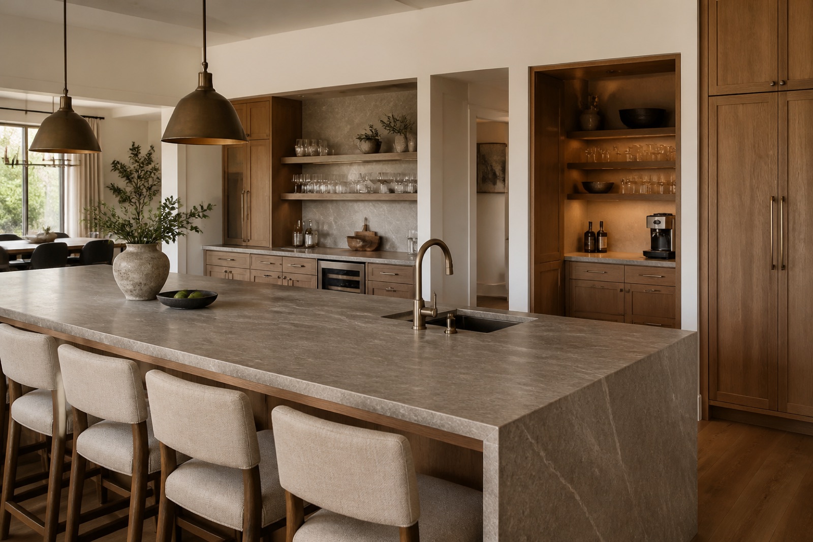 Long stone kitchen island with a waterfall edge, seating, and a butler&rsquo;s pantry and coffee station visible beyond