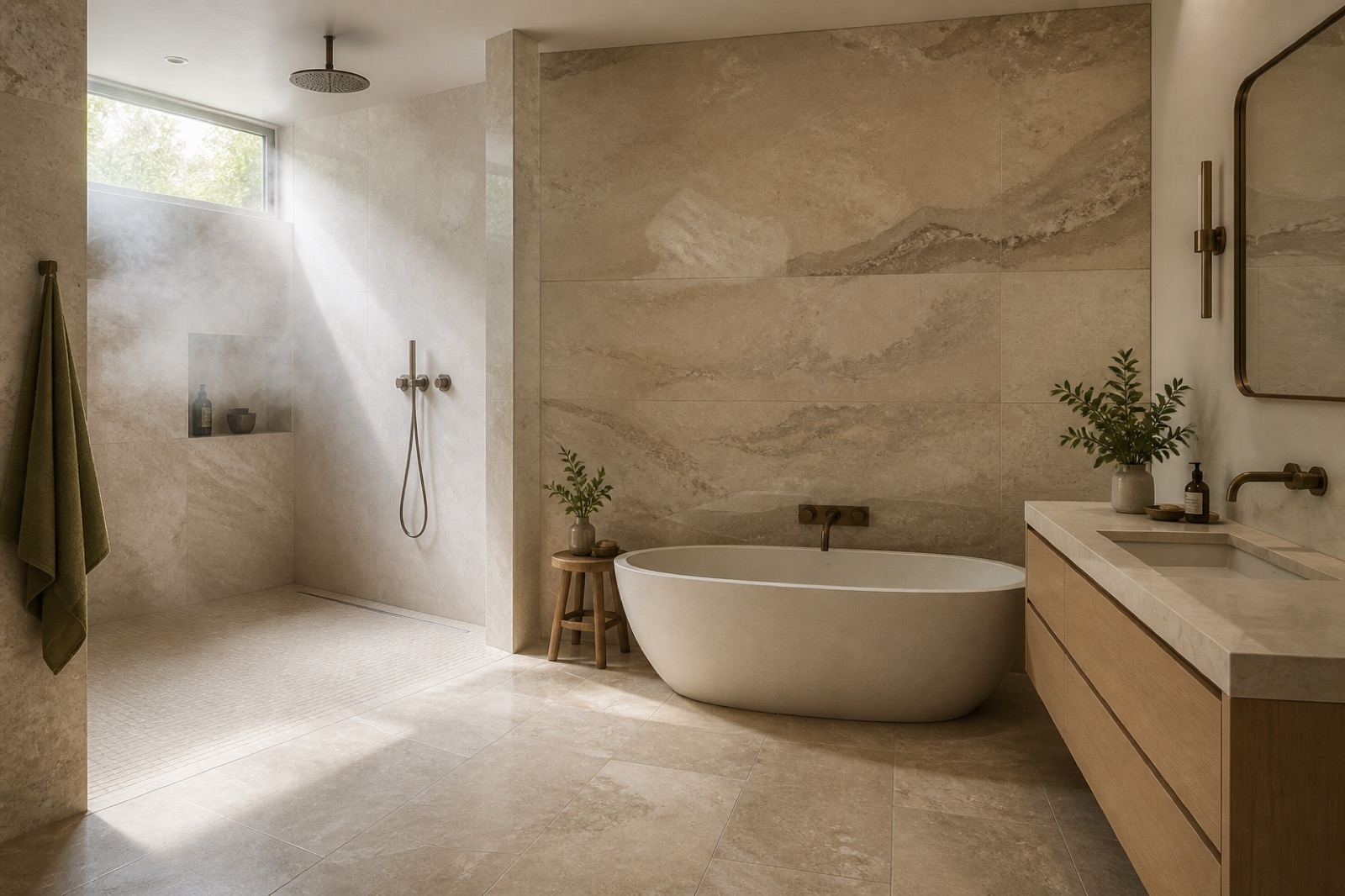 Travertine wet room with an open walk-in shower, freestanding tub, and a large-format stone feature wall